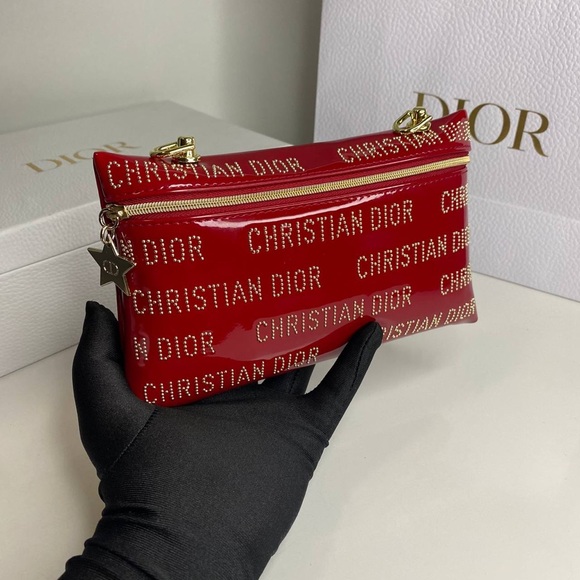 Christian Dior Red Patent Mini Clutch Studded Logo Zipper Cosmetic bag - Picture 2 of 15